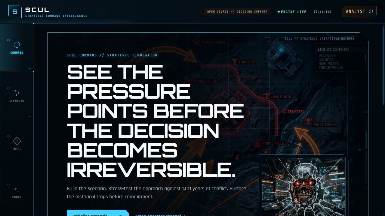 SCUL command dashboard showing a strategic operations map